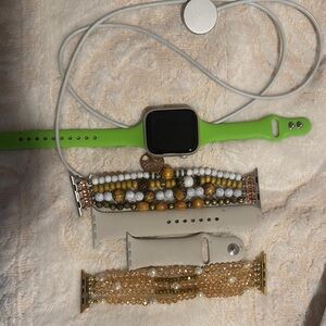 Apple Watch 8 with Lime Green Silicone and Neutral Beaded Bands